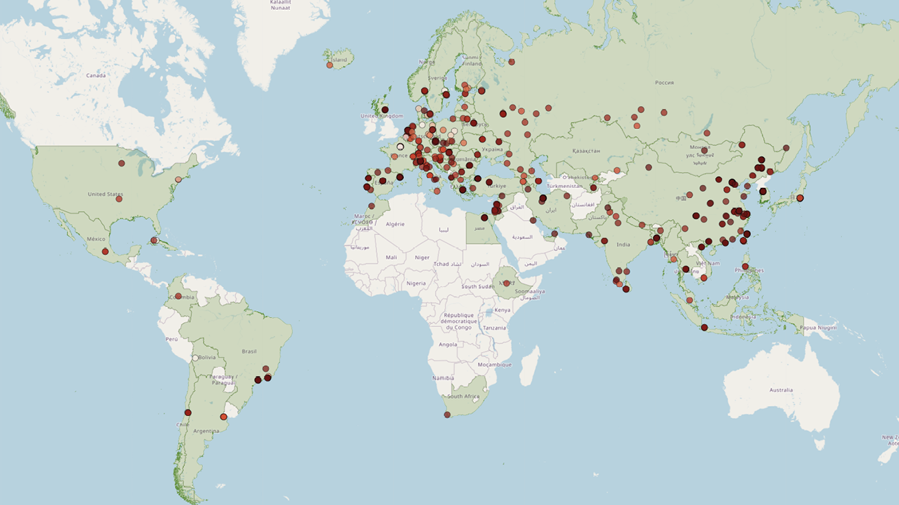 Image of a World map with dots marking places of translation revealing a concentration in Europe