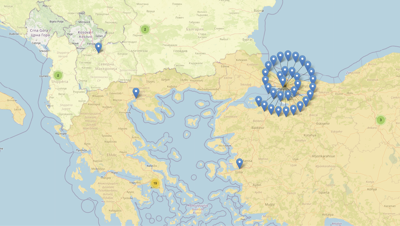 An image of a map indicating Turkish Jane Eyre translations in Istanbul, Ankara and Izmir, Greek translations in Athens and Thessaloniki, Albanian translations, Bulgarian translations and a Macedonian translation.