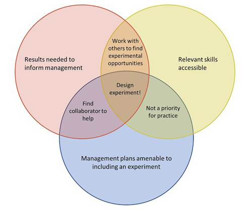 A Venn diagram containing three circles. A red one is titled 'results needed to inform management', which has an intersection labelled 'find collaborator to help' with a blue circle titled 'management plans amenable to including an experiment', which has an intersection labelled 'not a priority for practice' with a yellow circle titled 'relevant skills accessible'. The intersection between the yellow and red circles is labelled 'work with others to find experimental opportunities'. The central intersection of all three circles is labelled 'design experiment!'.