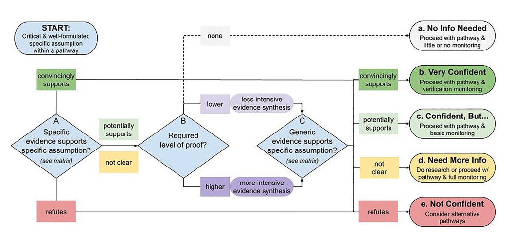 A decison tree with five outcomes for using evidence to assess a conservation outcome. Four categories range from 'very confident' to 'not confident'. The fith category is 'no info needed'.