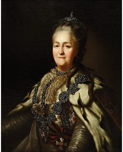 A portrait of Catherine II of Russia: shows the monarch in full state regalia facing the painter; she wears a white dress, a crown, a diamond-studded collar, a star, a badge, and a galloon of gold braids and laurel leaves.