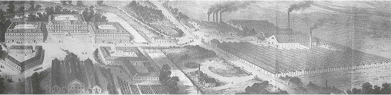 A black and white drawing of the Familistère from the 1900s: shows an overview of the Familistère complex and its courtyard; to the right, a factory with smoke leaving its towers.