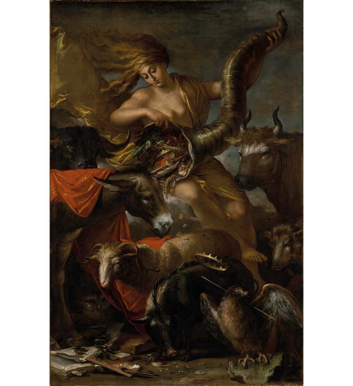 A 17th-century Italian oil painting: depicts the Roman goddess of fortune, Fortuna dressed in a loose golden robe holding a cornucopia full of riches; surrounding her are various types of animals; on the left of the painting are bull, an owl, and a donkey with a red cloth; below are a ram and a hog; on the right is an eagle with a crown and small sword falling on top of it, a wolf, and a cow.
