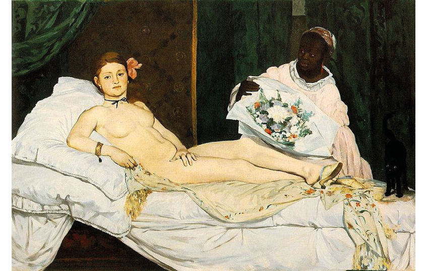 An oil painting from 1863 of a woman named Olympia: shows a naked woman lounging in a bed while looking directly at the painter; the woman has a black ribbon tied around her neck, a pink orchid in her hair, a golden bracelet on her right wrist, and high heeled slippers; to the right of the painting a black servant woman in a white dress with red earrings brings her a bouquet; further to the right, a black cat with yellow eyes stands at the edge of the bed.