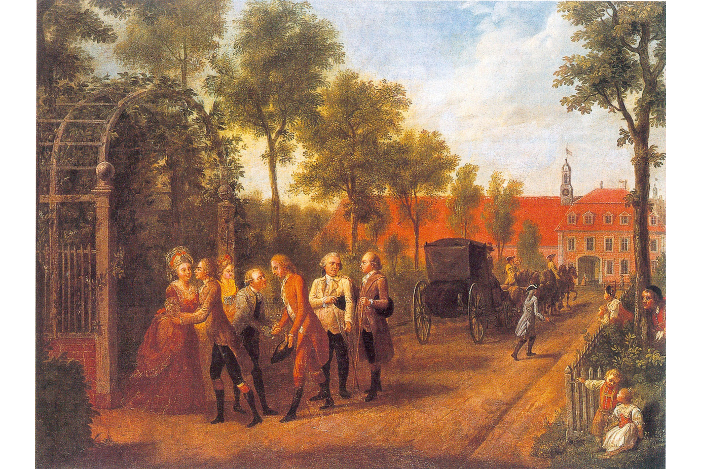 An oil painting: a well-dressed noble family greets sons at the entrance of their estate, while a carriage drawn by six horses heads towards the exit; on the right side, from a fence, a servant woman holding her child looks at the carriage, a man looks at the family from behind a tree, and two small children look at the family, one points at them while the other one looks in the pointed direction.