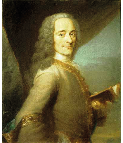 A painting ca. 1736 depicting Voltaire's portrait: Volatire stands facing the painter dressed in a green petticoat and holding a small open book in his left hand.