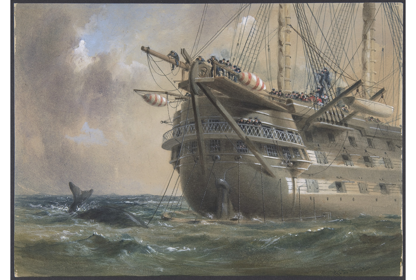 A watercolor painting: on the right, a group of sailors aboard a British transatlantic ship laying a telegraphic cable beneath the Atlantic Ocean; on the left, a whale swims across the cable line.