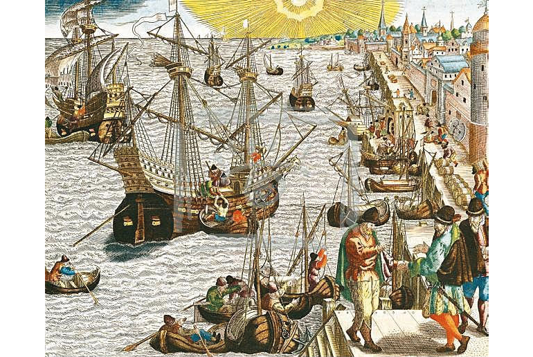 A colored engraving c 1592: depicts Lisbon port; on the left different sized vessels sail off for open sea while others dock; on the right, merchants, sailors, and merchandise fill the dock, followed by the city of Lisbon in the background.