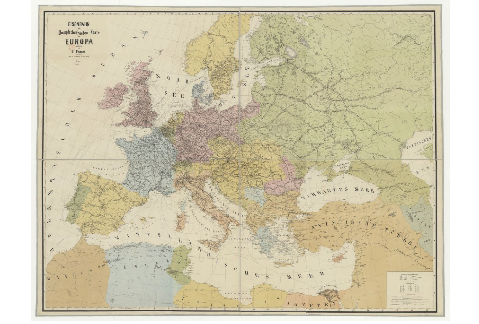 AÂ  map of railway and steamship routes in Europe from 1883.