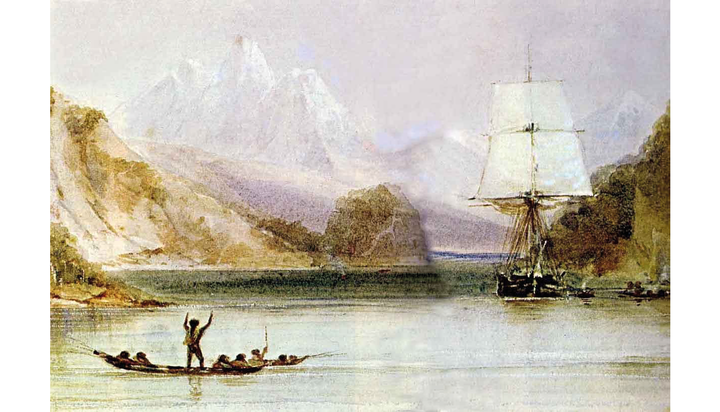 A watercolour painting: depicts a cove in which a native aboard a canoe hails an HMS sailboat with white sail; the background shows the landscape with white mountain peaks in the distance.