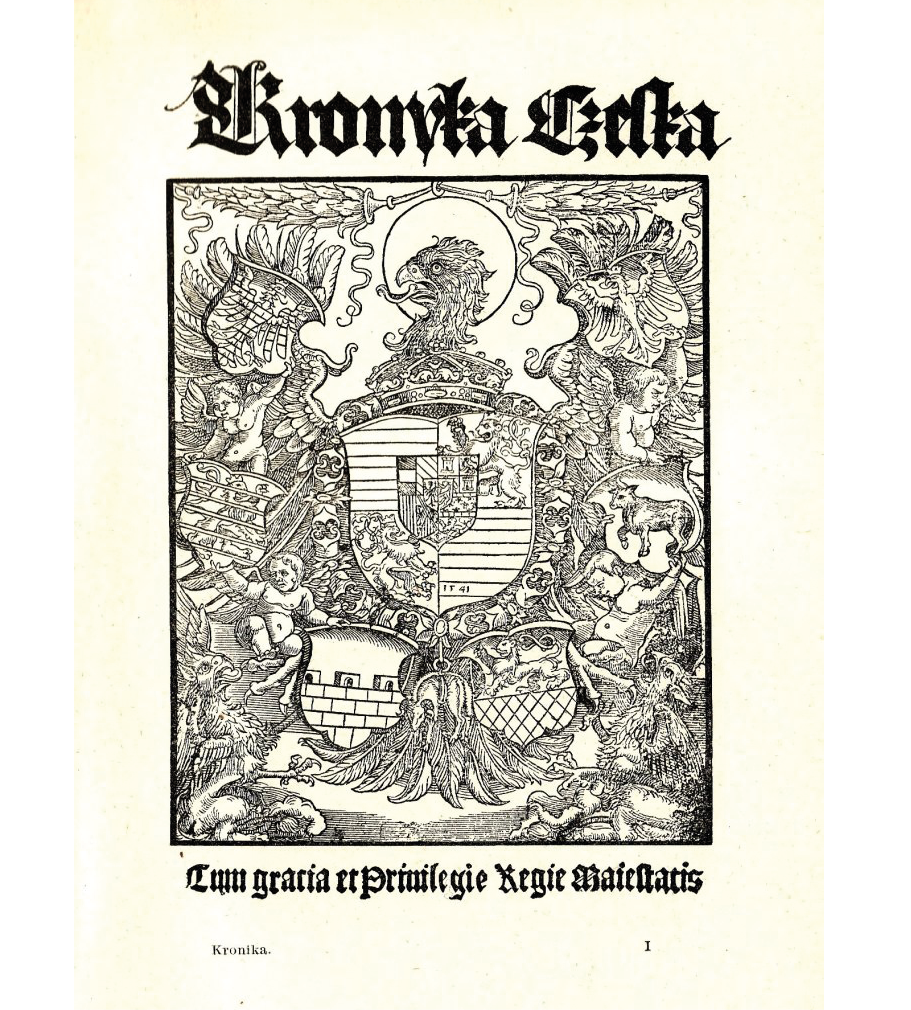 The front page of the Latin manuscript Kronyka ÄŒeskÃ¡ from 1541: includes a sketch of an eagle surrounded by various coats of arms; at the bottom, an inscription in Latin