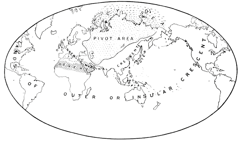 A map from Halford Mackinderâ€™s The Geographical Pivot of History from 1904: shows a world map inside an eye-shaped border; Europe, Asia, Africa, and Australia are situated in the center, while both ends of the Americas are situated on either side of the oval.