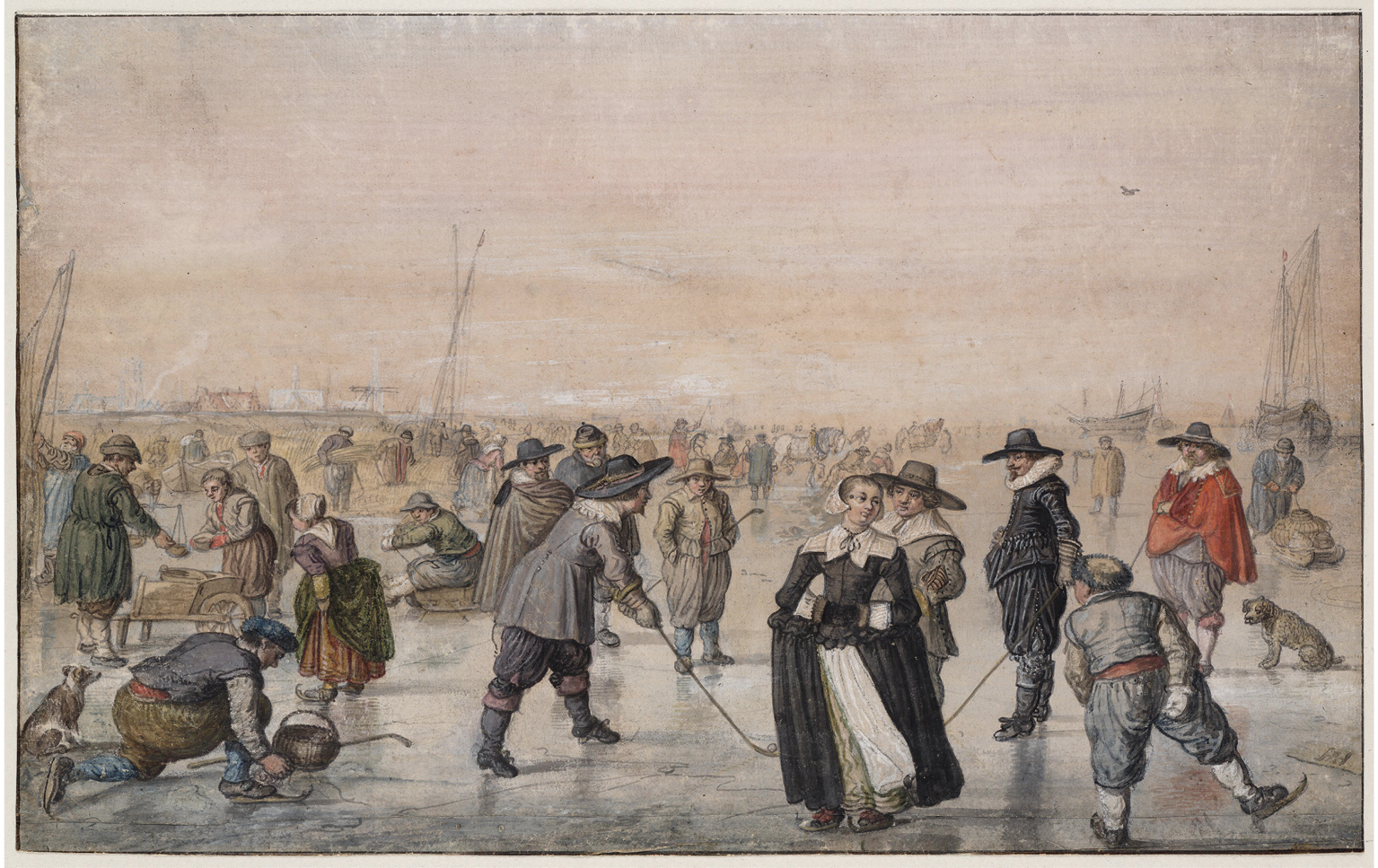 An oil painting from the first half of the 17th century: depicts many people from different social classes intermingling on the frozen waters of a river; on the left, a man leans down to pick something up; at the center, a well-dressed woman stands in skates, while two men play a type of hockey behind her; in the background, people exchange goods and sleds transport people and commercial goods over the frozen waterway.