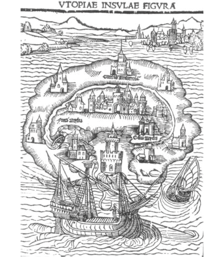 A Title woodcut for Thomas Moreâ€™s Utopia from 1516: shows a map of the utopian island with nine structures surrounding a larger castle at the center of the island; at the top reads the Latin phrase â€œUtopia Insulae Figuraâ€�; below the phrase are two lands distant from the island, a rural area at the left and a town-like area at the right; at the bottom of the map, a drawing of a large ship and a small ship near the island.