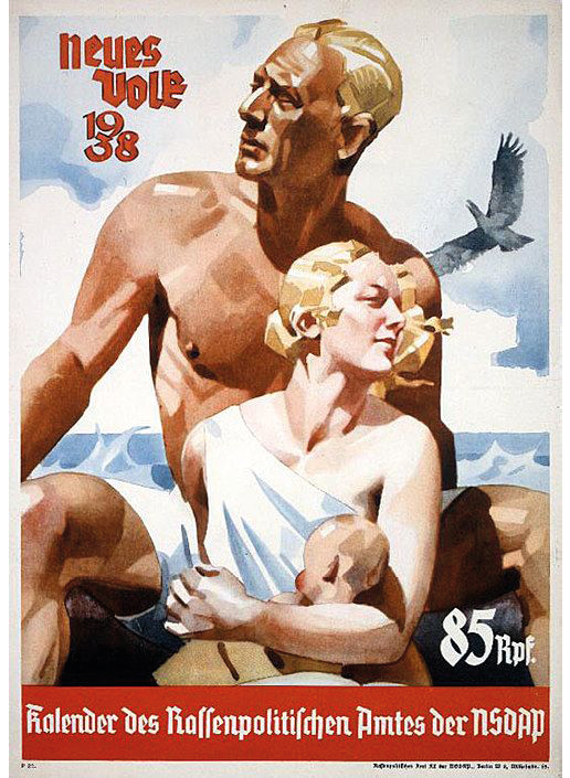 A Nazi poster promoting a propaganda calendar from 1937 issued by the Nazi magazine Neues Volk: portrays the â€œmodelâ€� Aryan family promoted by the party; a blonde white man with chiseled features and an athletic build holds a white blonde, slender woman with a baby in her arms; the background includes a partly cloudy sky and the sea with a bird flying; the name of the magazine and year appear in red letters on the top left side of the poster; at the bottom a message in German promoting the propaganda calendar.