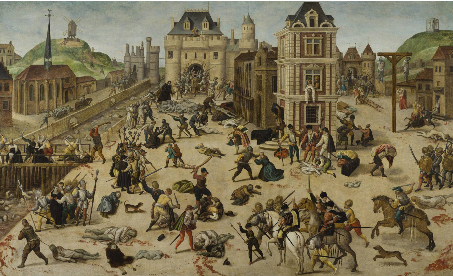 An oil painting ca. 1572-1584 depicting the Saint Bartholomew’s Day Massacre in Paris: shows a consolidated vision of the city of Paris surrounding a square including the Louvre river, a bridge, townhouses, castles, and churches; bloody battle scenes are seen scattered throughout the painting with multiple dead bodies scattered through the floor.