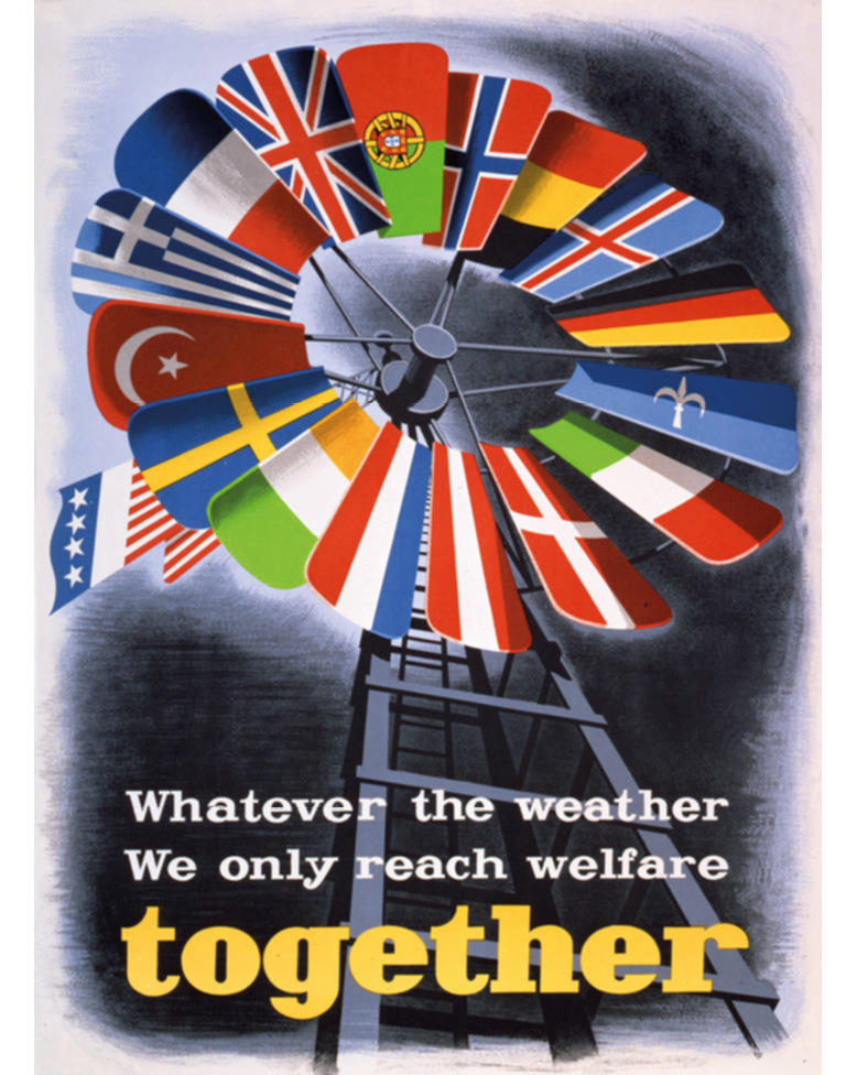 A poster: shows a windmill with blades drawn with a flag from a western European country; at the bottom reads a message in English saying, â€œWhatever the weather - We only reach welfare togetherâ€� with the word â€œtogetherâ€�Â  written in a larger yellow letter.