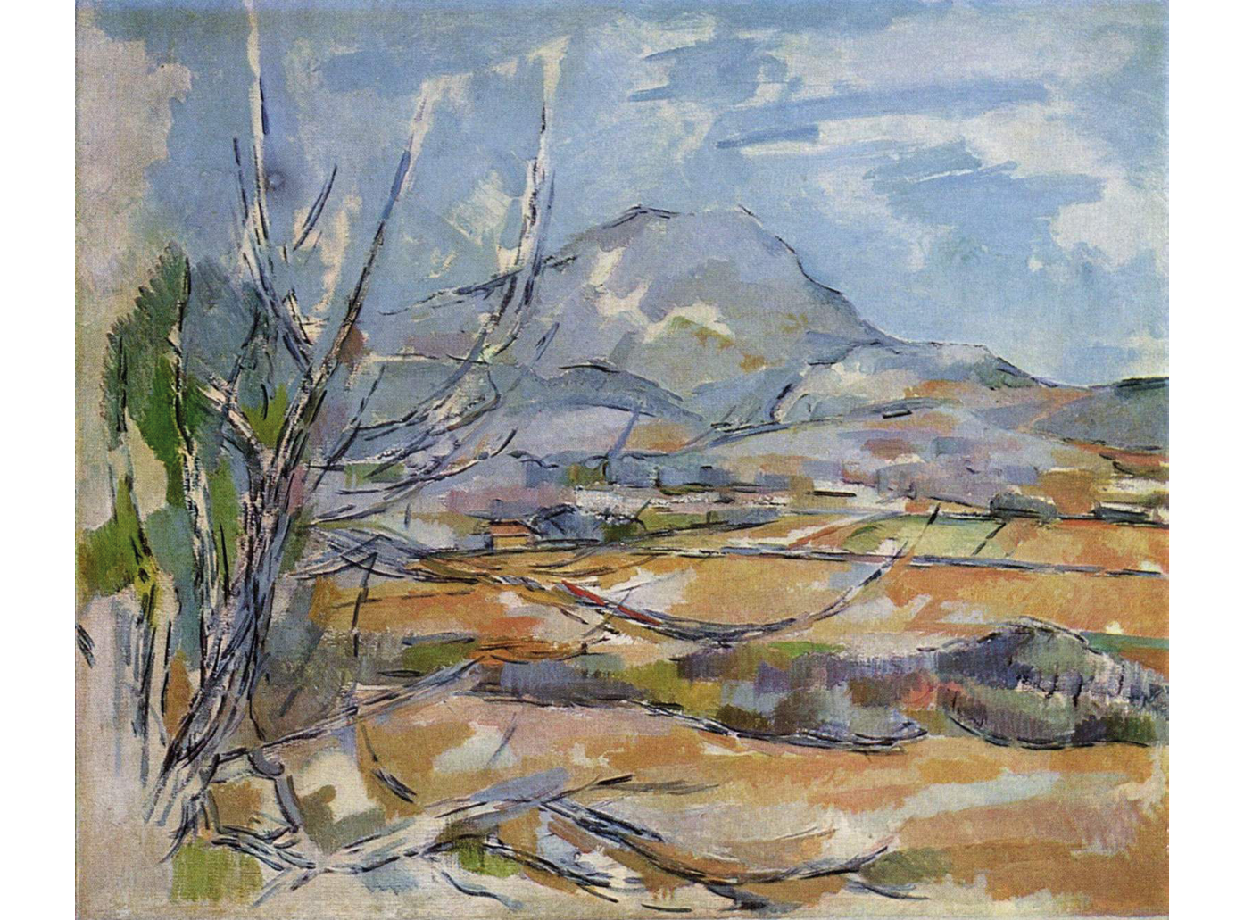 A painting of Mont Sainte-Victoire ca. 1885 -1887: shows valleys and plains; in the distance a large mountain and a partly cloudy blue sky; on the far left side, a tree branch comes into view.