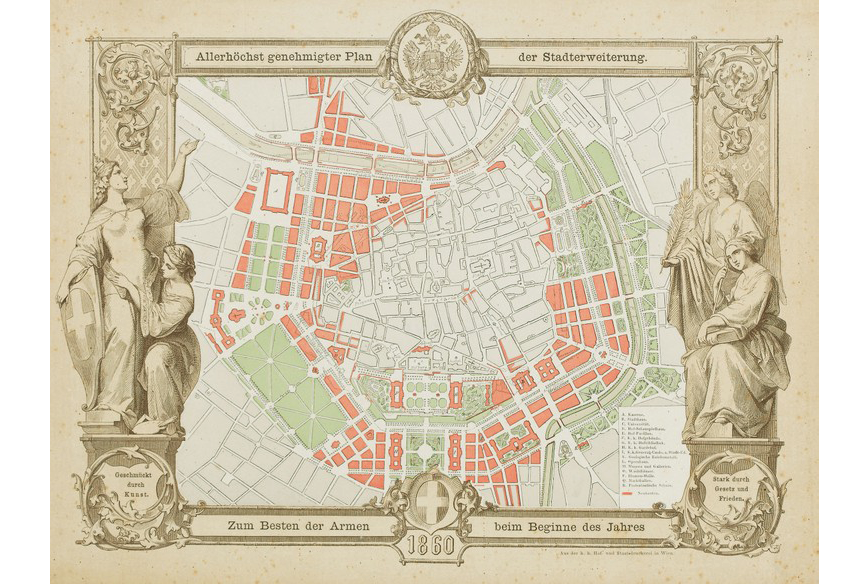 A city blueprint for Vienna from 1860: image shows the city center in white and its newly planned surrounding areas in green and orange; a frame surrounds the blueprint with German inscriptions and two statue-like images on each side