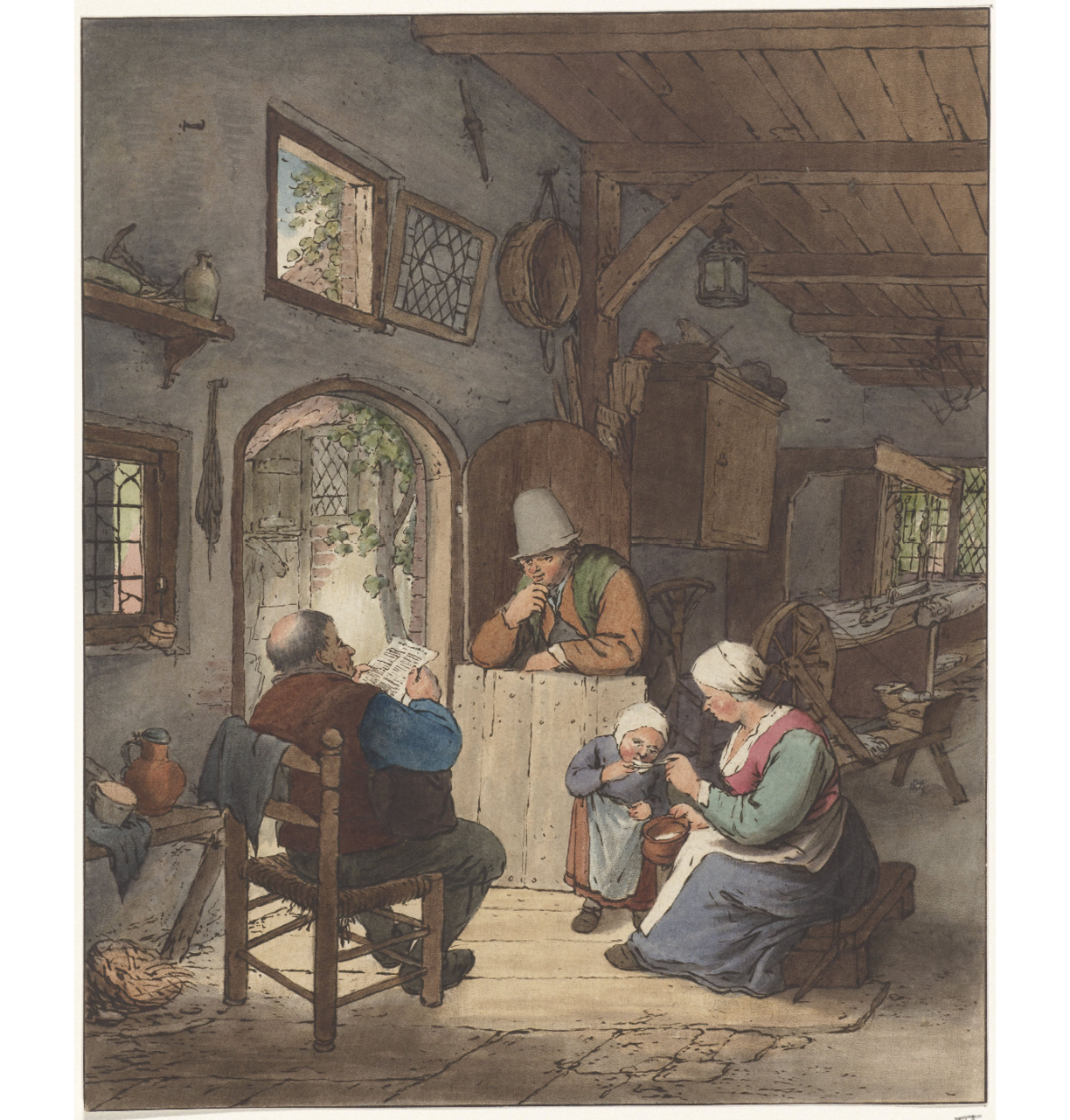 A drawing in color from 1766: shows the interior of a peasant house; on the left, near the entrance, a man sits on a wooden chair reading a newspaper; on the other side of the entrance, another man with a large hat leans against the bottom half of a door frame; to the right, a woman sits on a low stool feeding a young child.