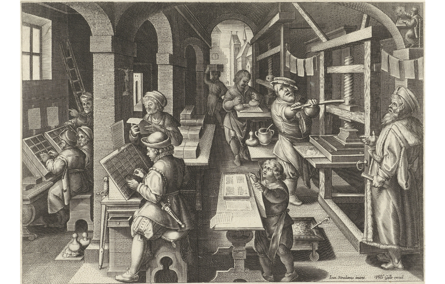 A black and white art piece: depicts a printing workshop and its process; shows men and women working at different printing stations, including typesetting, printing, and hanging printed sheets.