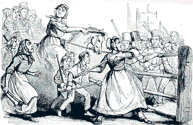 In this series of protests between 1839–1843, tenant farmers objected to the tolls charged by rich businessmen for use of the main roads. The “Rebecca Riots,” named after a symbolic passage in the bible where Rebecca declares the need to repossess the gates of their enemies, famously featured a group of men disguised as women. These men called themselves “Rebecca and her daughters.