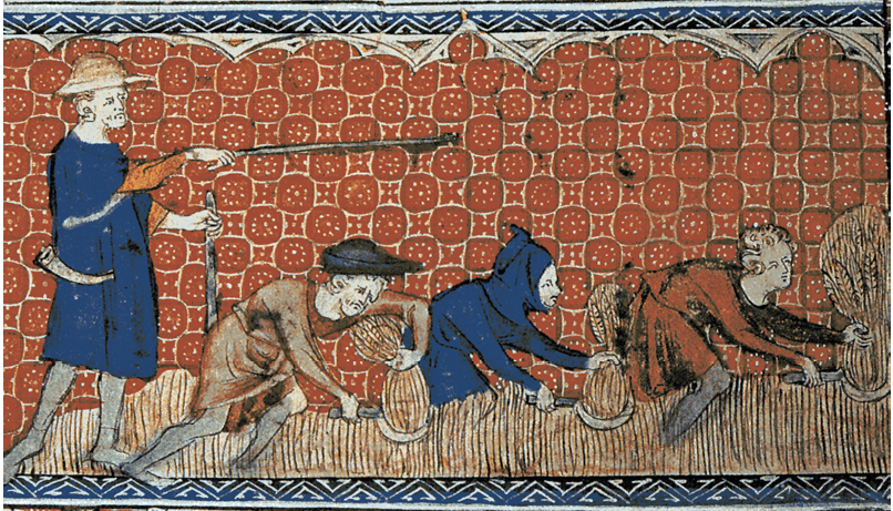 A medieval illustration in color: depicts serfs harvesting a wheat field with reaping hooks in hand; on the left-hand side, the master stands in a blue medieval gown, pointing a cane in the direction of the unharvested wheat; the background includes a mosaic-like red colored geometric pattern; the illustration border includes two blue and white triangular patterned strips at the top and bottom.