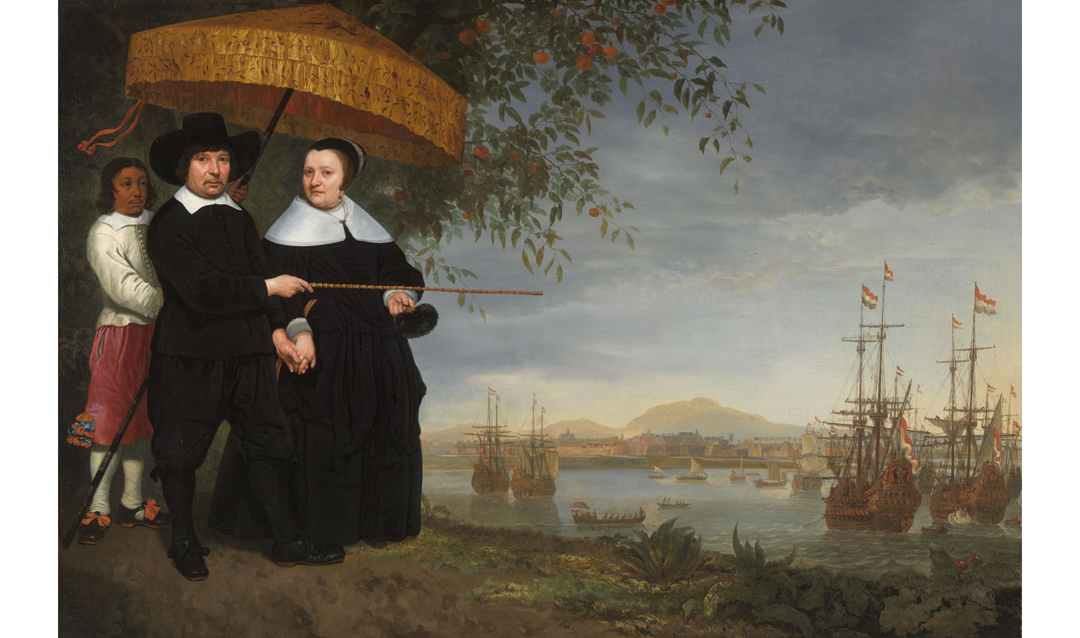 A painting c. 1650-1655: a merchant with his wife and slave overlook a bay full of Dutch ships and a coastal settlement; the man points at the bay with his cane with his right hand while holding the womanâ€™s hand with his left; the slave holds a large golden umbrella over the couple.