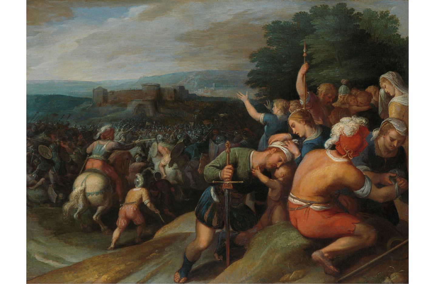 An oil painting ca. 1600-1613 depicting the revolt of the Batavians against the Romans: to the right, a man with a sword embraces a child while comforted by a woman, besides them, a woman treats a soldier's wounds; behind them, a mourning crowd looks towards two armies of foot soldiers and cavalrymen face each other; trees and a stronghold are seen in the background.