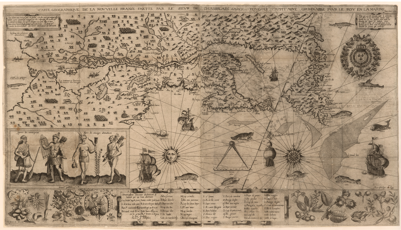 A map of â€œNew Franceâ€� or todayâ€™s Canada from 1612: depicts various geographical elements such as land, lakes, mountains, and open ocean; includes a marginal note marking various locations of interest in French; includes drawings of a compass rose, a sun, various ships, and a french seal; includes native flora and fauna scattered through the map; the left-hand side shows a drawing of four natives, a woman holding a child, two men with weapons, and a man holding native crops.