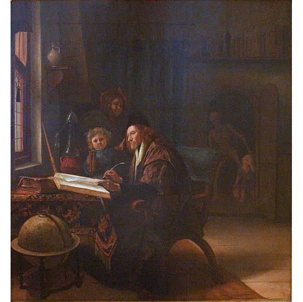A 1600s painting: shows a scholar in his study sitting at his desk with pen and book page in hand; next to him stands a woman and child; in the background, a skeleton accompanies a younger child through the study's door.