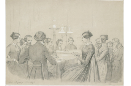 A drawing from 1849: shows an evening reading circle in a Berlin artistsâ€™ house; men and women gather around a lengthy table, each with a book in hand; at the center of the table, two lamps illuminate the room.