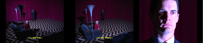 A series of three images in sequence. The first two images feature two armchairs with a standing lamp either side, a man sits in the front-most chair - staring at the camera. A man stands in the back of the image, seemingly singing the words in yellow at the bottom of the image. The first image's words are "I'LL SEE YOU" and the second image's words are "IN THE TREES". The third image is a close-up of a man's face with a severe expression.