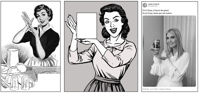 Three slightly different images of women standing in the same position. They stand and smile with their hands held up by the right of their faces, as if presenting something - the centre and right woman hold a square and a can, respectively, in their hands.