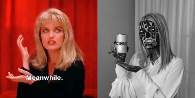 On the left, a blonde woman stands with a neutral expression, she holds her hands up to the right of her face as if presenting something, at the bottom there is text reading "Meanwhile". On the right, A black-and-white image of a woman holding a can up to the right of her face, presenting it - the image has been edited so that the can reads "CONSUME" and the woman's face appears to be missing the skin, displaying her eyeballs, teeth and veins in an unnerving way.