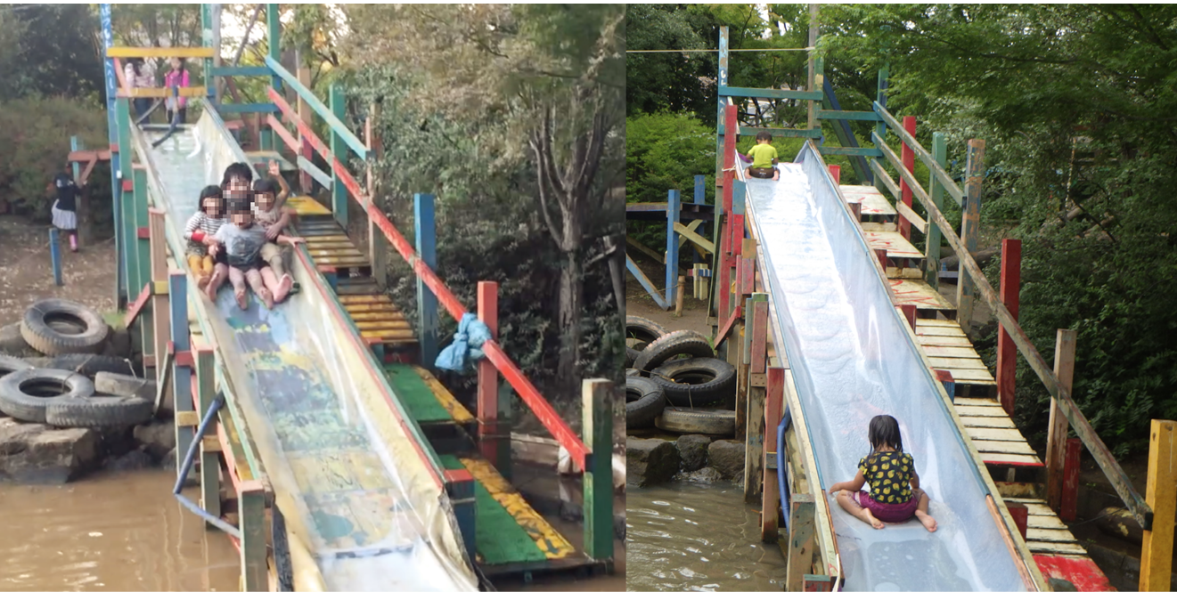 Two images, one of a group children sliding together on water slide, the other showing widely separated individual children sliding