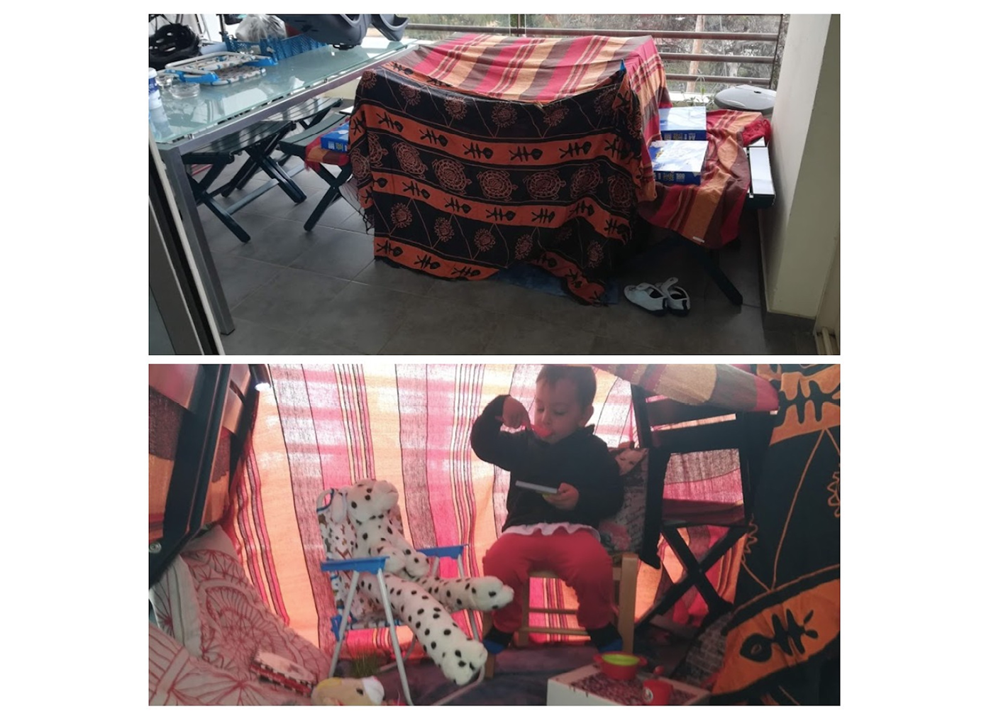 Two shots of a young child's den: Exterior and interior.
