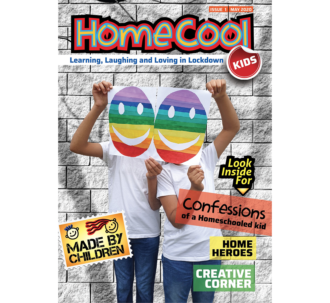 Cover of HomeCool magazine cover with two children holding rainbow smiley faces over their faces, and text blocks highlighting features inside, 'Confessions of a Homeschooled Kid', 'Home Heroes', and 'Creative Corner'