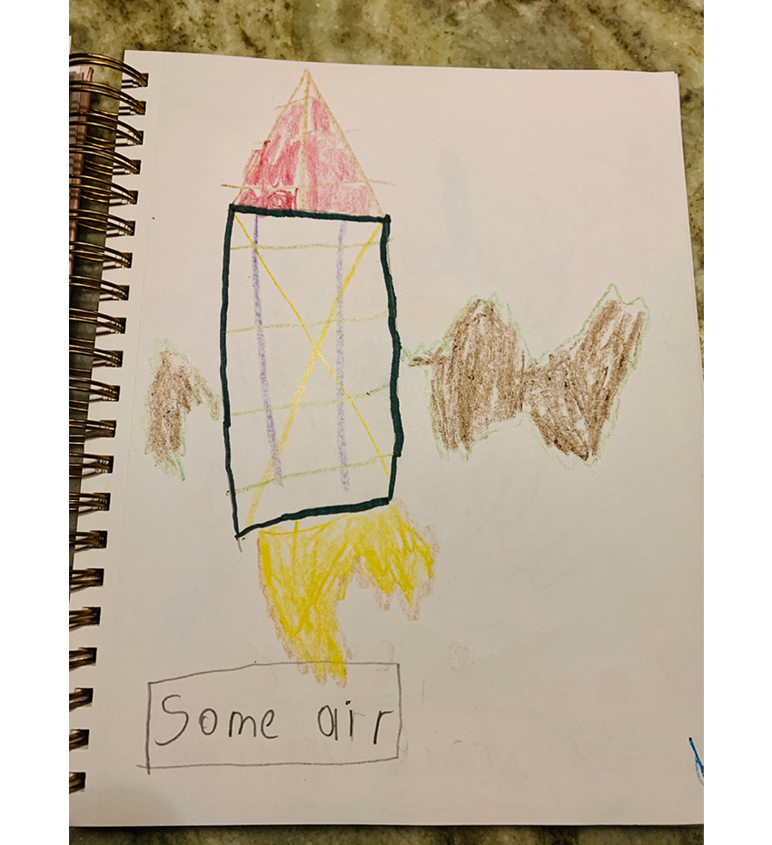 Photo showing child's drawing of a porch as rocket ship, with words 'Some air' written below, crayon on paper