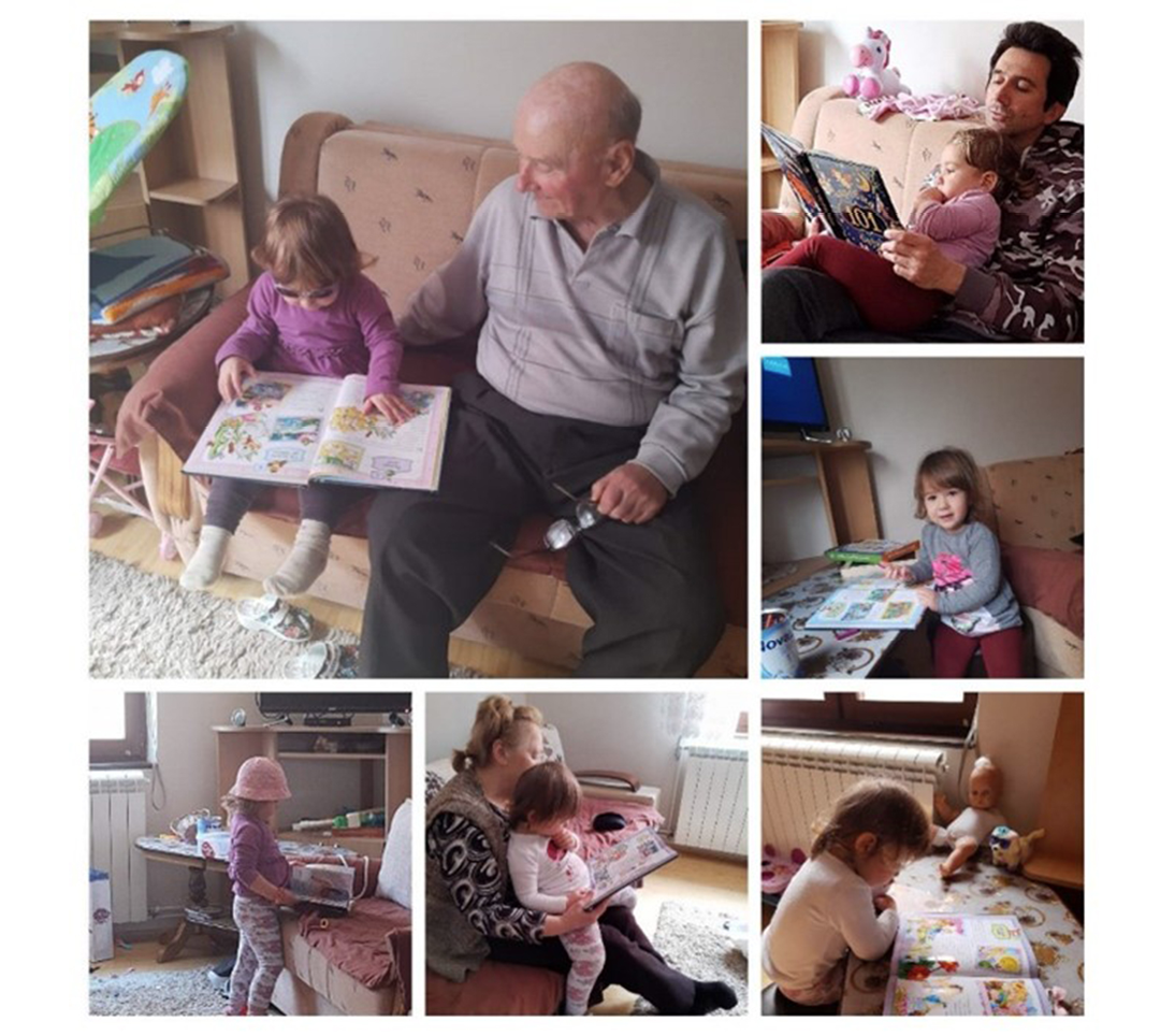 Collage of six photographs showing child on their own and with each parent and a grandparent, storytelling with book