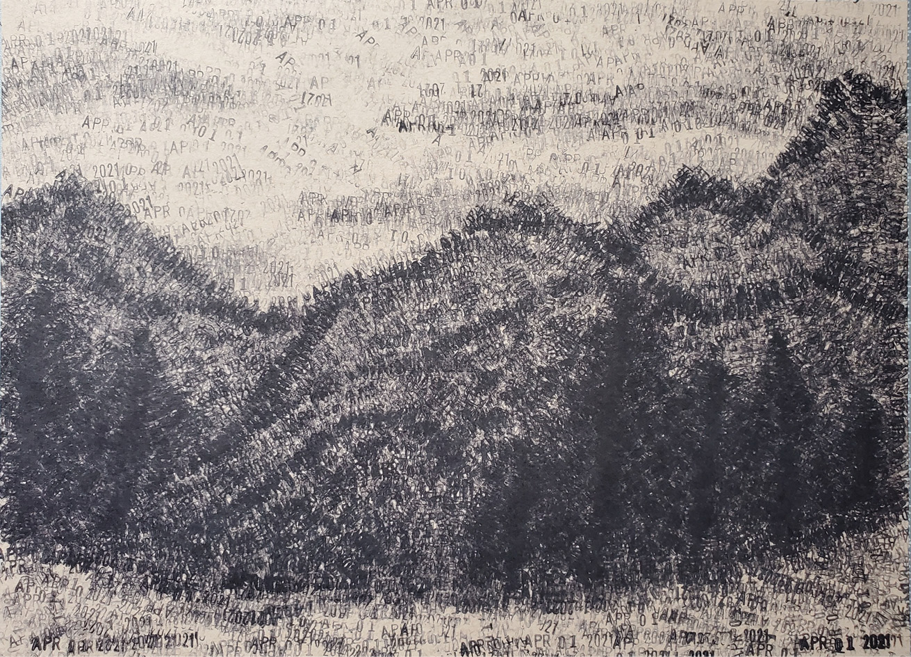 Monochromatic artwork consisting of a mountainous landscape made out of numerous ink date stamps, varying in density, each reading April 1, 2021