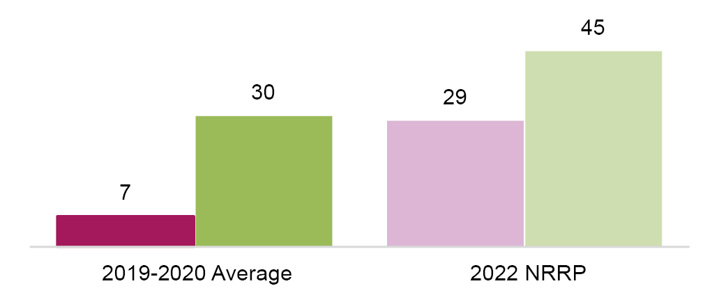 Bar graph comparing resources endowments for municipalities and other contracting entities. Average for 2019-2020 and average under the NRPP plan. The right side of the graph shows that under the NRPP resources have quadrupled for municipalities (29 €bn) and grew one and a half time for other contracting entities (45 € bn)