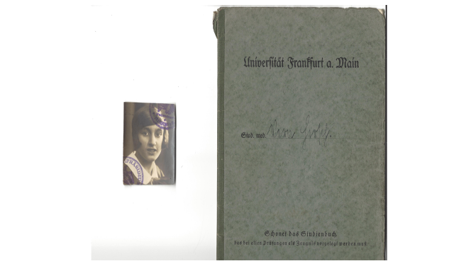 Photo copy of the cover of a grey German study book containing a student’s transcript and a small square black and white photograph of a dark-haired young woman in a white shirt with deep blue stamps