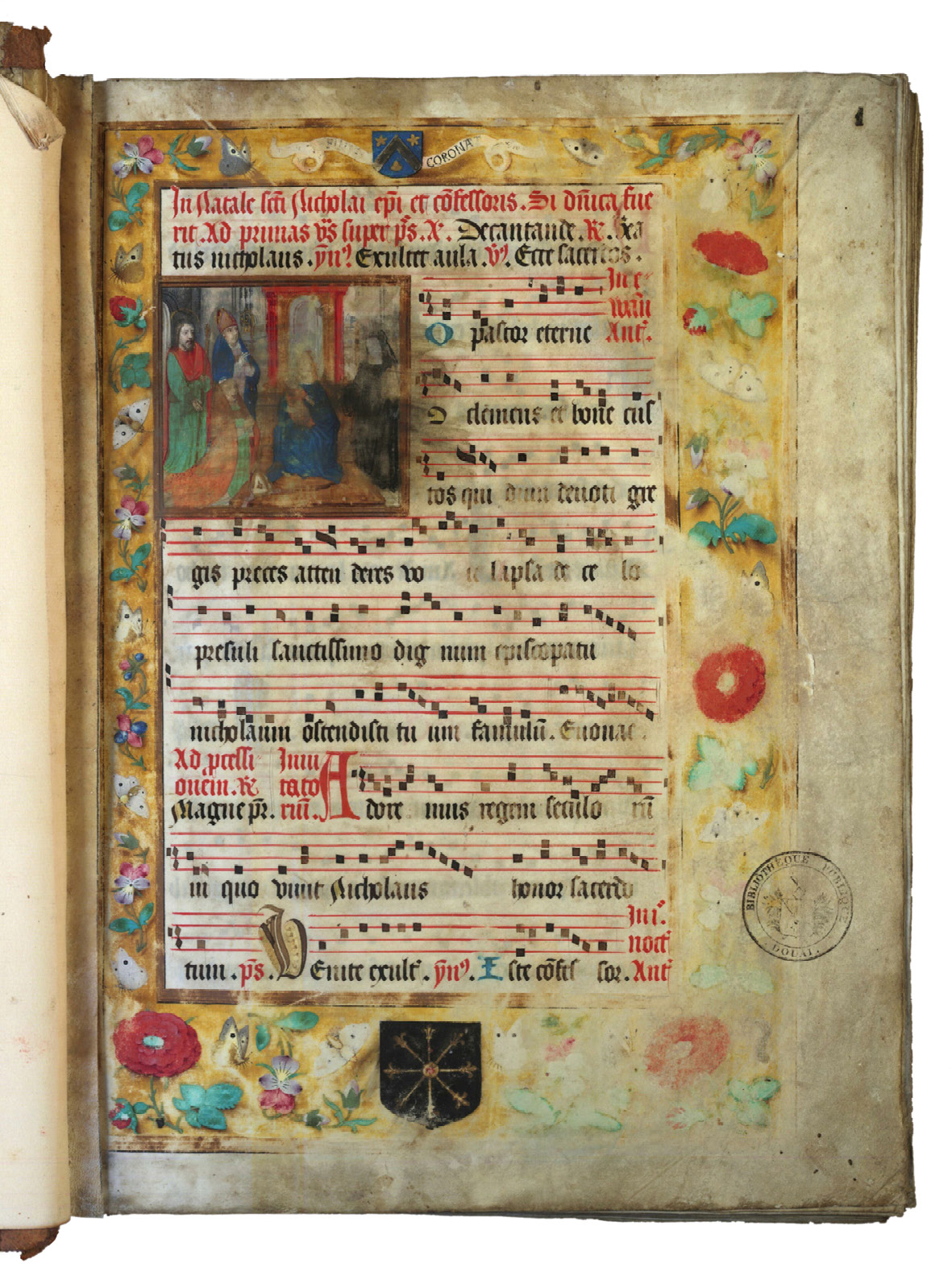 First folio of an antiphonary, with music staffs and script in Latin. All four sides of the page are decorated with a flower border. At the upper left, there is a miniautre depicting the Virgin and Child flanked by founders. It has been severely rubbed, especially the face of the Virgin and of the figure dressed as a nun.