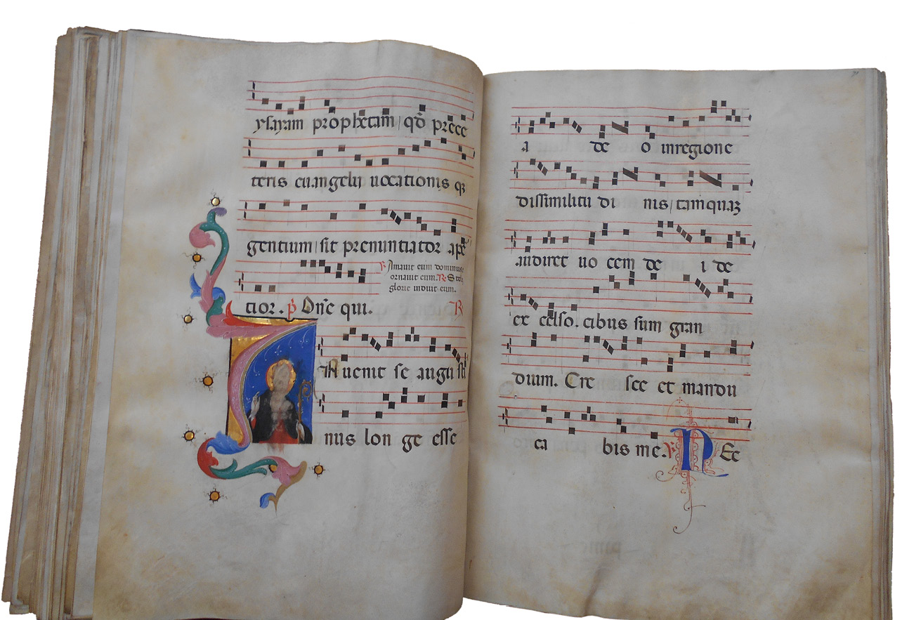Opening in an antiphonary made in Venice in the fifteenth century. A large historiated initial depict St Augustine against a blue background.