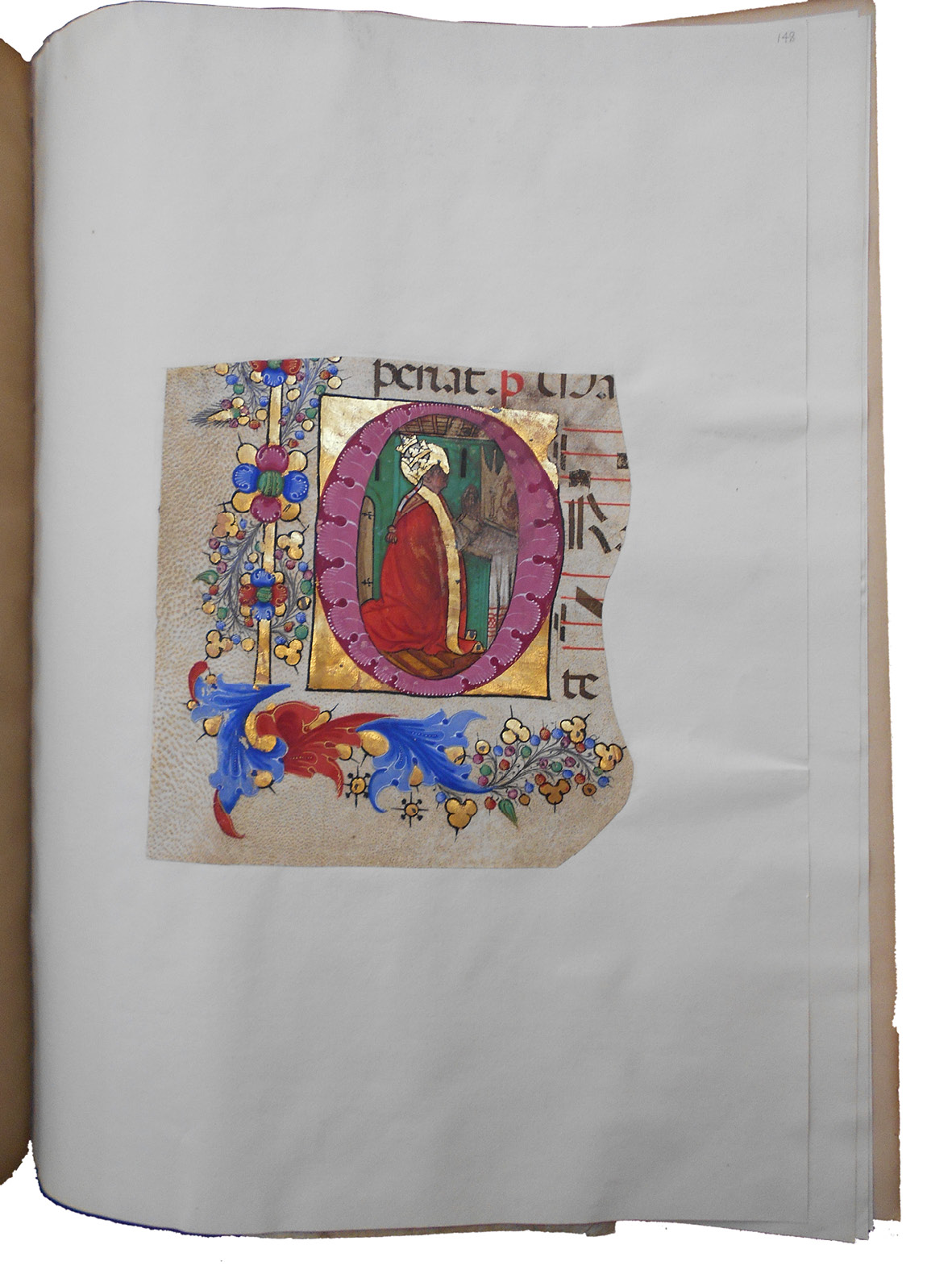 Cutting fron an antiphonary made in Venice, mounted at the end of the manuscript. The image shows St Gregory as a pope in a tripartite tiara performing his miraculous Mass. The user has touched the figure’s hands.