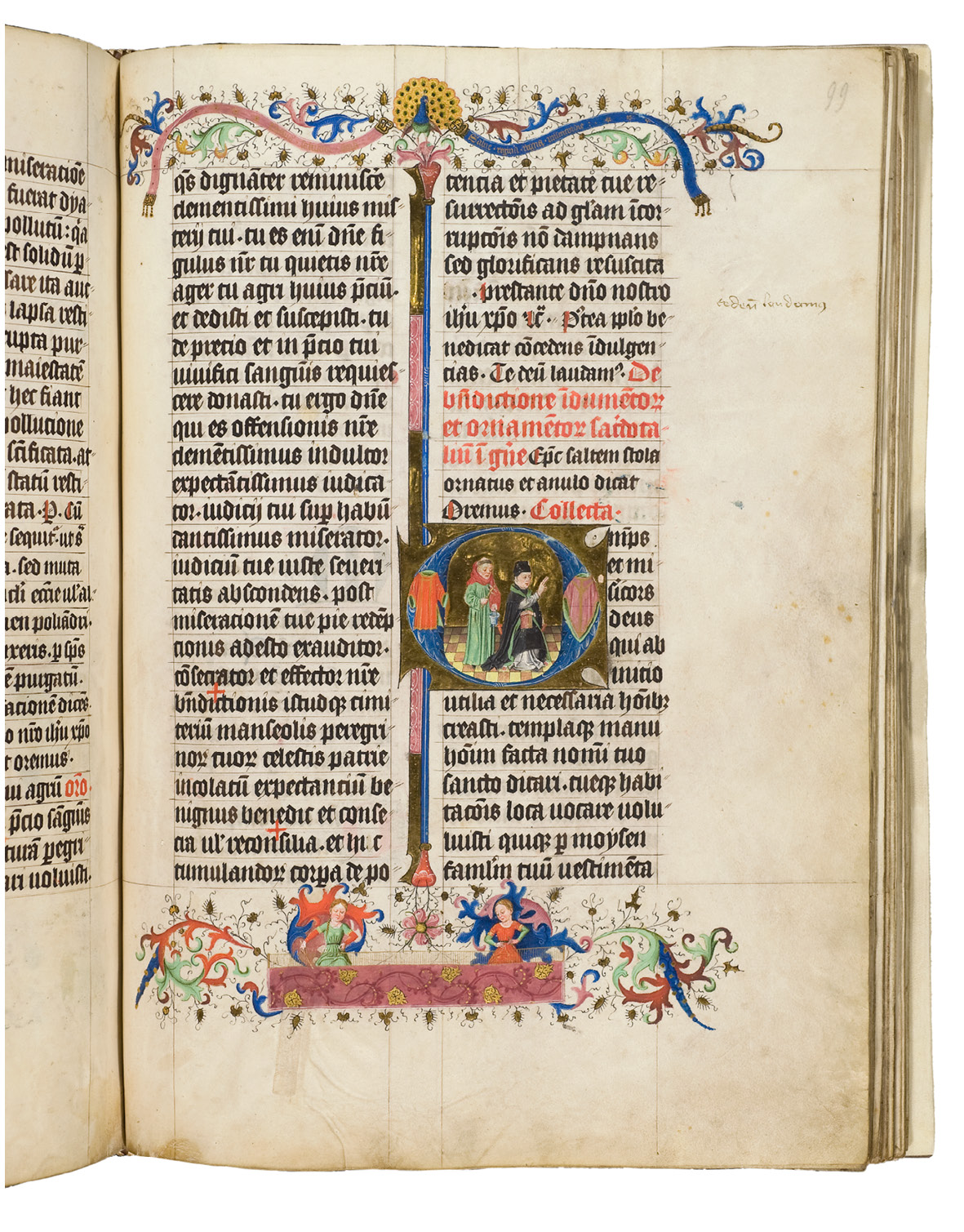 Folio from a Pontifical made around 1450. A historiated initial shows a priest blessing the vestements. At the lower margin, two women weave an elaborately decorated fabric.