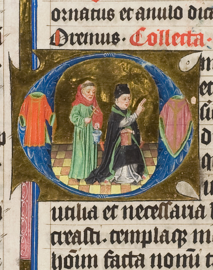 Folio from a Pontifical made around 1450. A historiated initial shows a priest blessing the vestements.