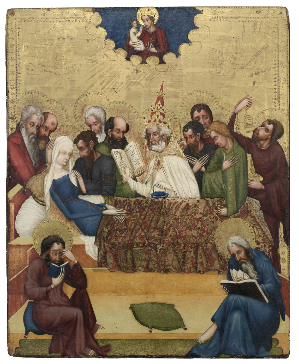 Panel painting made with tempera and oil with tooled gold, made around 1400. It shows St Peter saying last rites for the dying Virgin Mary.