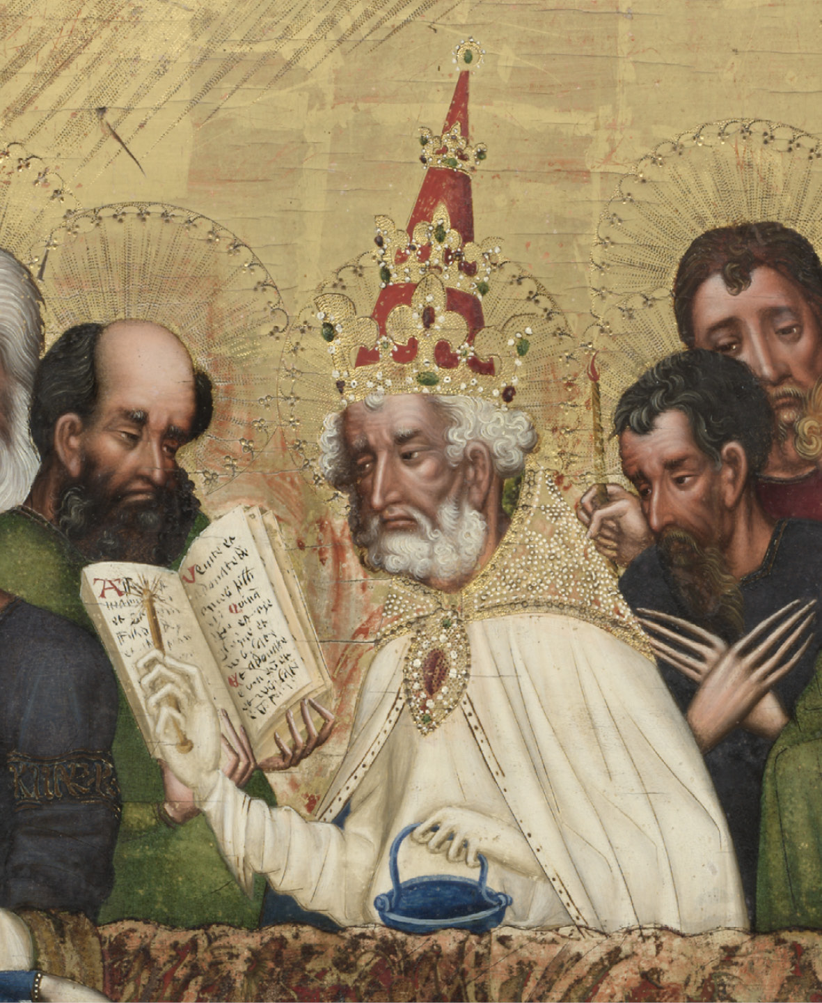 Detail of the previous image, showing shows St Peter saying last rites for the dying Virgin Mary. He holds the aspergillum very close to the open book.